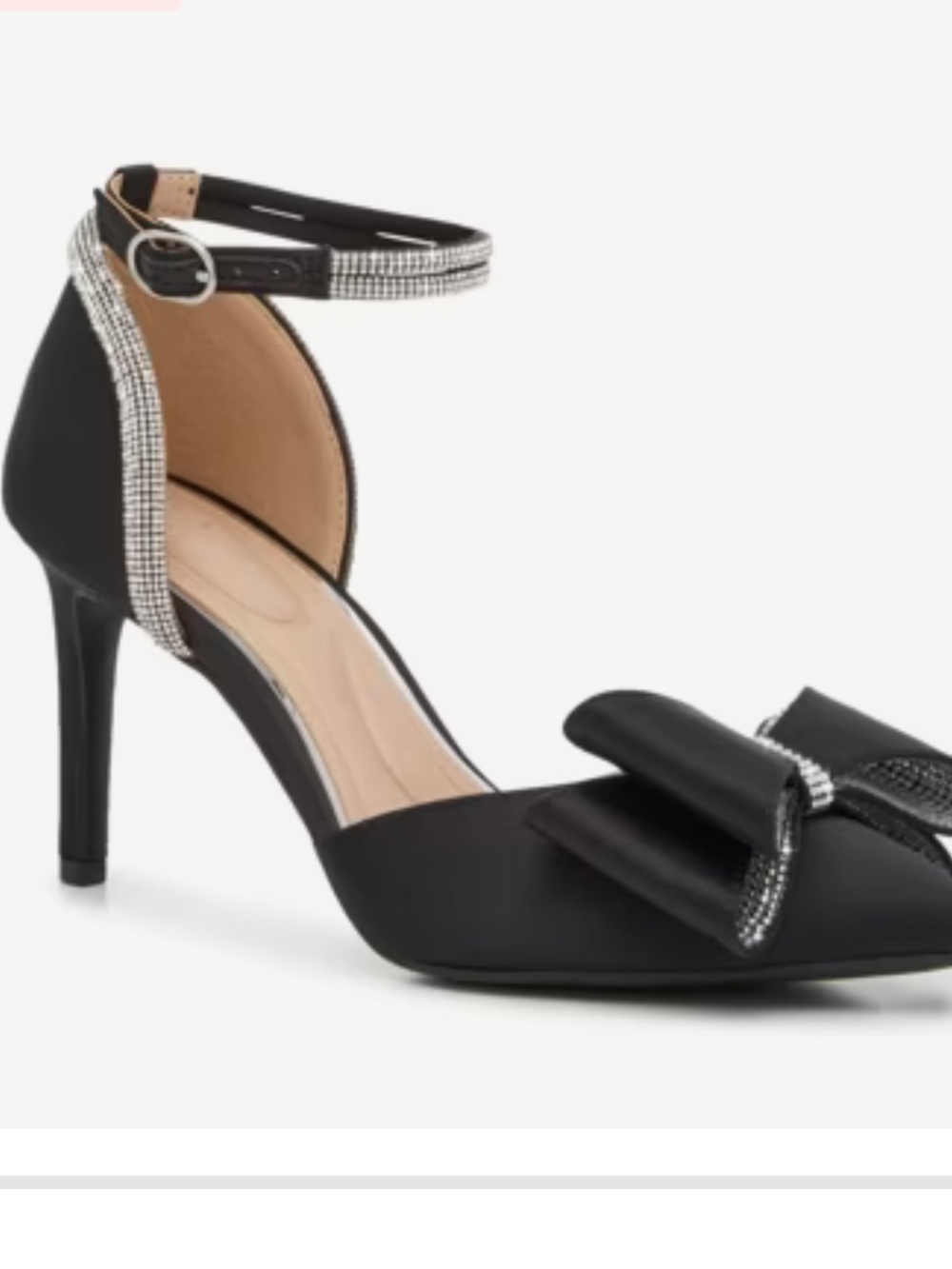 Kelly & Katie Black Satin Ankle-Strap Pump with Rhinestone Trim and Bow